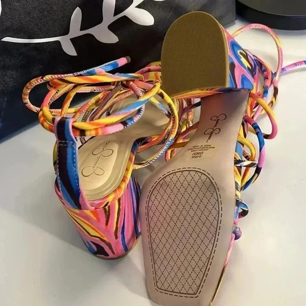 Jessica Simpson Printed Strappy Ankle Wrap Sandals New - Picture 5 of 5